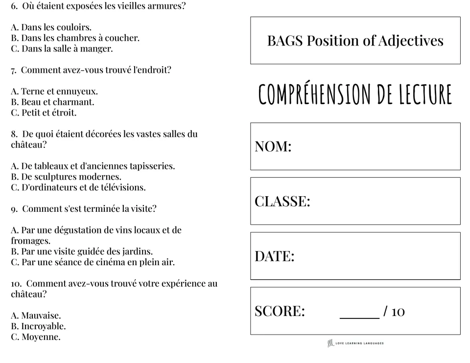 Compréhension de lecture on BAGS adjectives: multiple-choice questions 6-10 about a château visit, scored out of 10