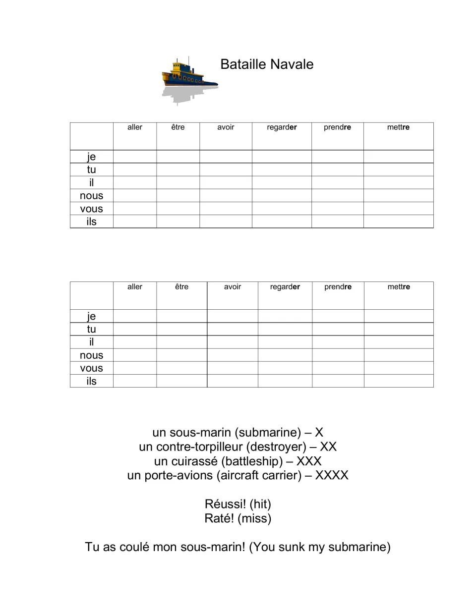 French verb conjugation game sheet: aller (to go), être (to be), avoir (to have) and three more verbs.