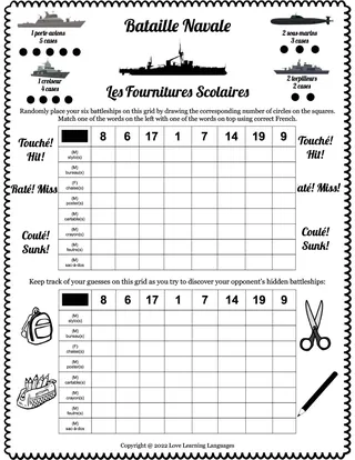 French: Battleship - Numbers + School Vocabulary – cover