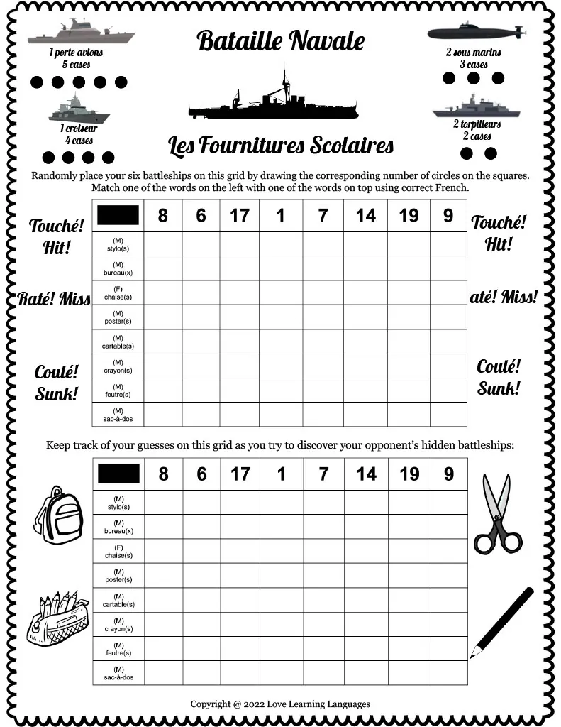 French: Battleship - Numbers + School Vocabulary – cover