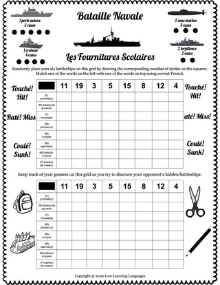 French: Battleship - Numbers + School Vocabulary – sample page 2