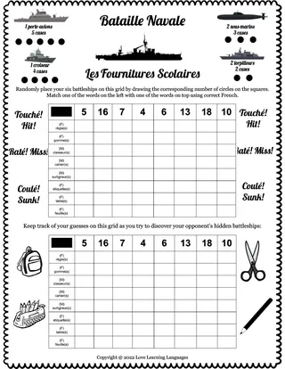 French: Battleship - Numbers + School Vocabulary – sample page 3