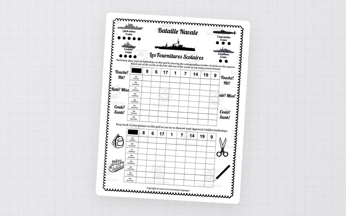 French: Battleship - Numbers + School Vocabulary preview