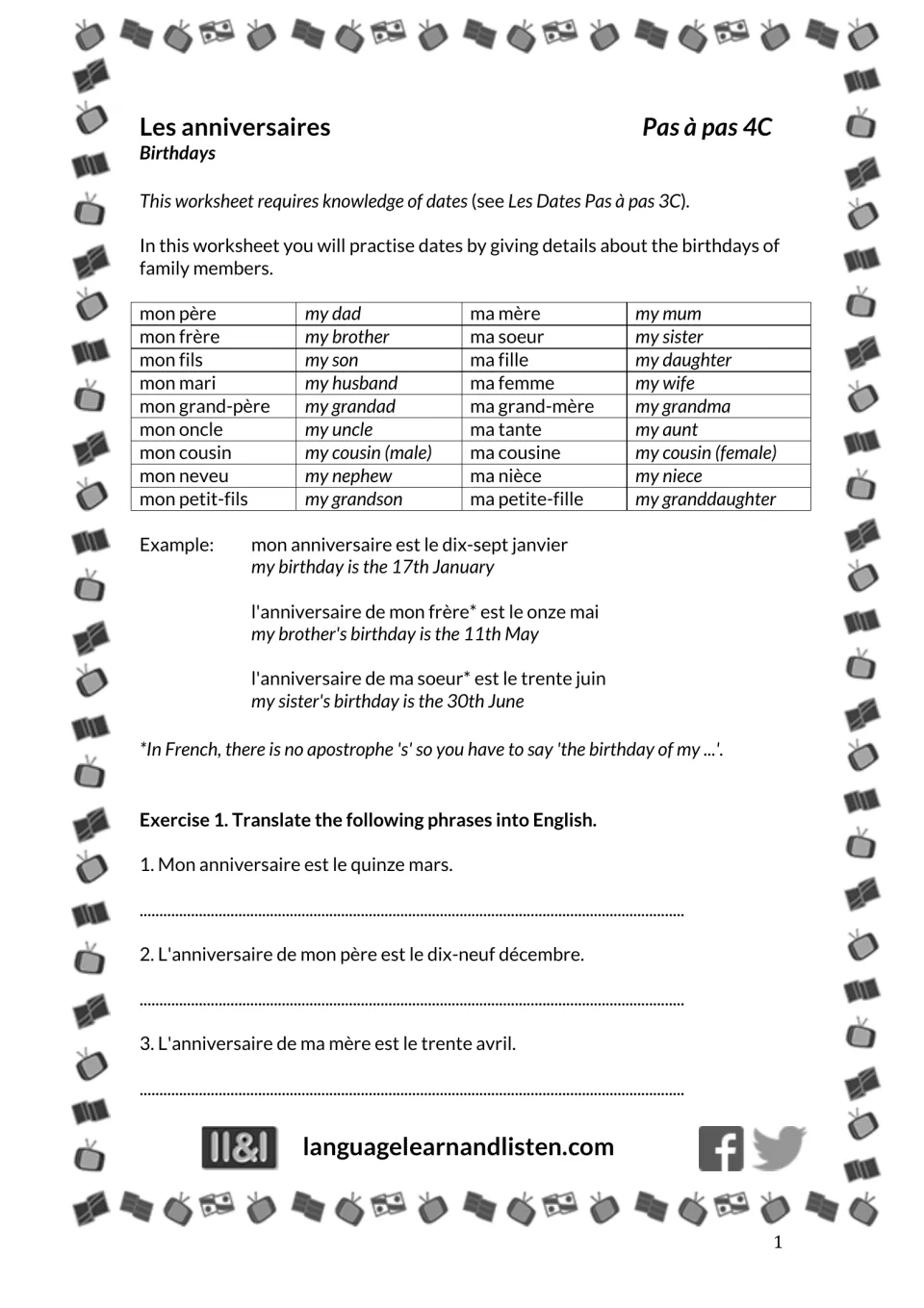 French birthday practice: family vocabulary, date examples, and French-to-English translation items 1–3.