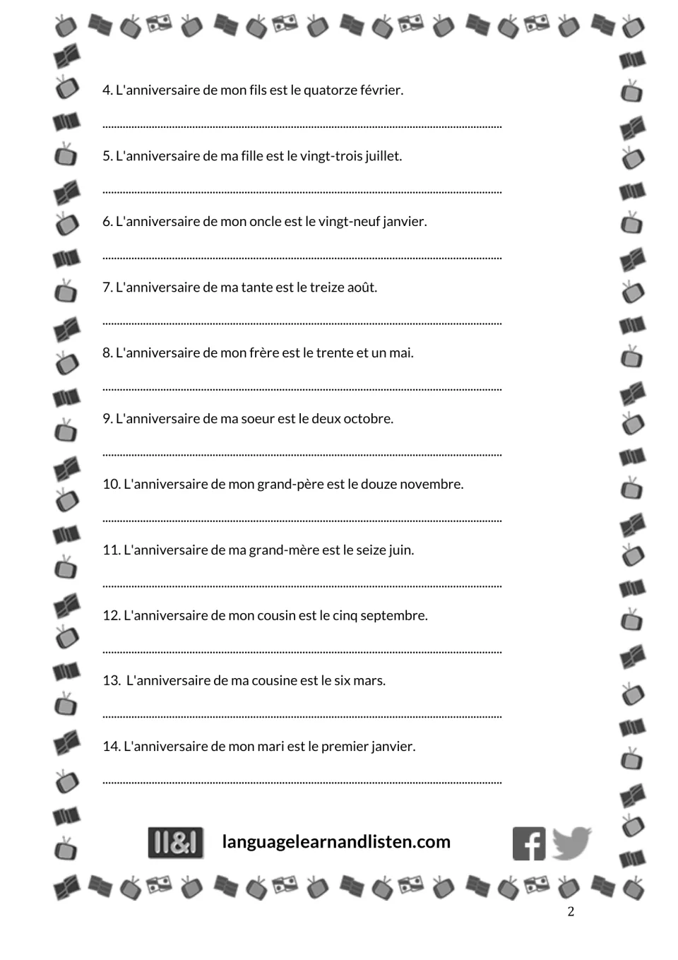 French-to-English birthday translation items 4–14 include a son's February 14 birthday and an uncle's January 29.