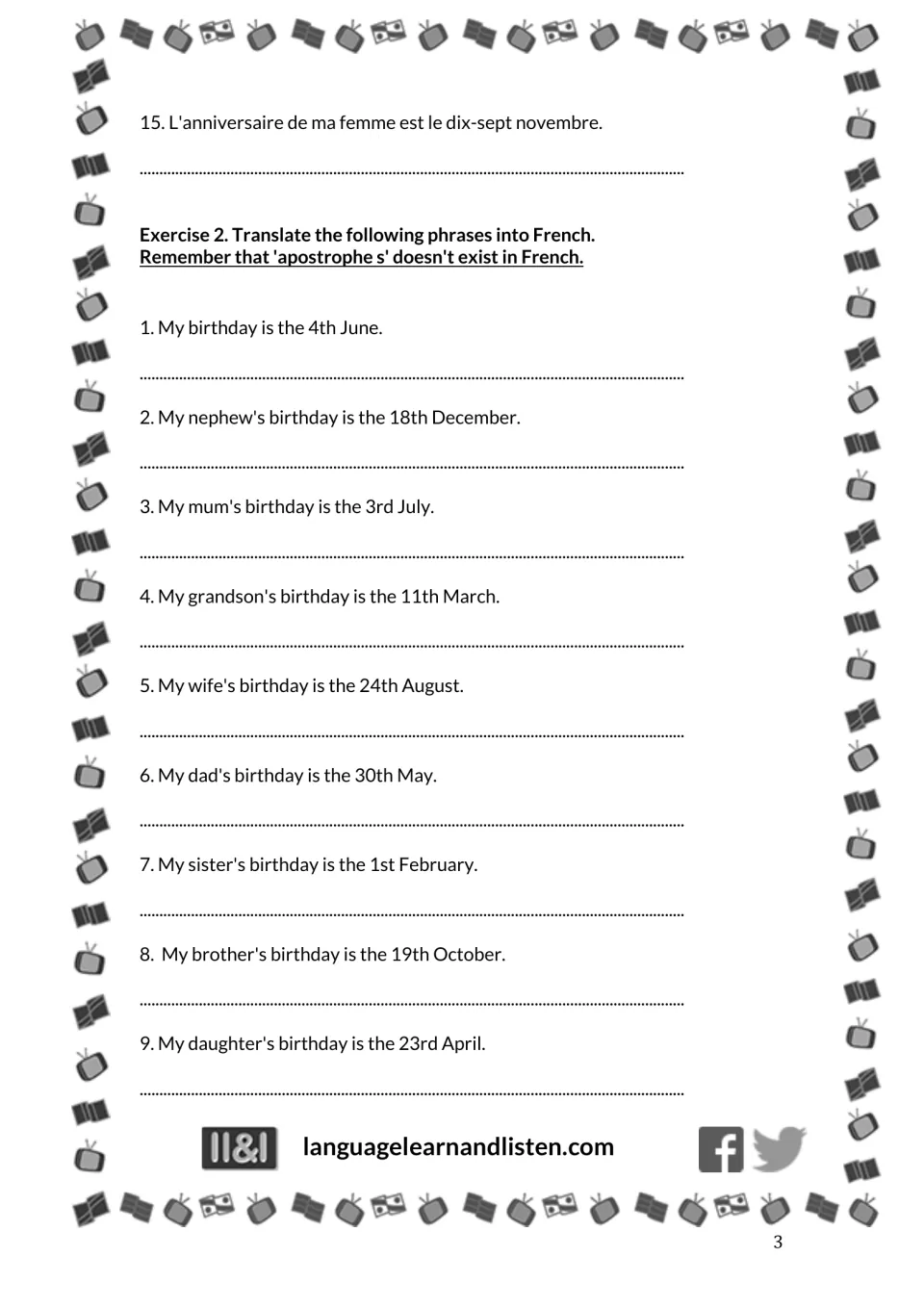 Birthday translation practice: Exercise 1 item 15 and English-to-French items 1–9, starting with June 4.