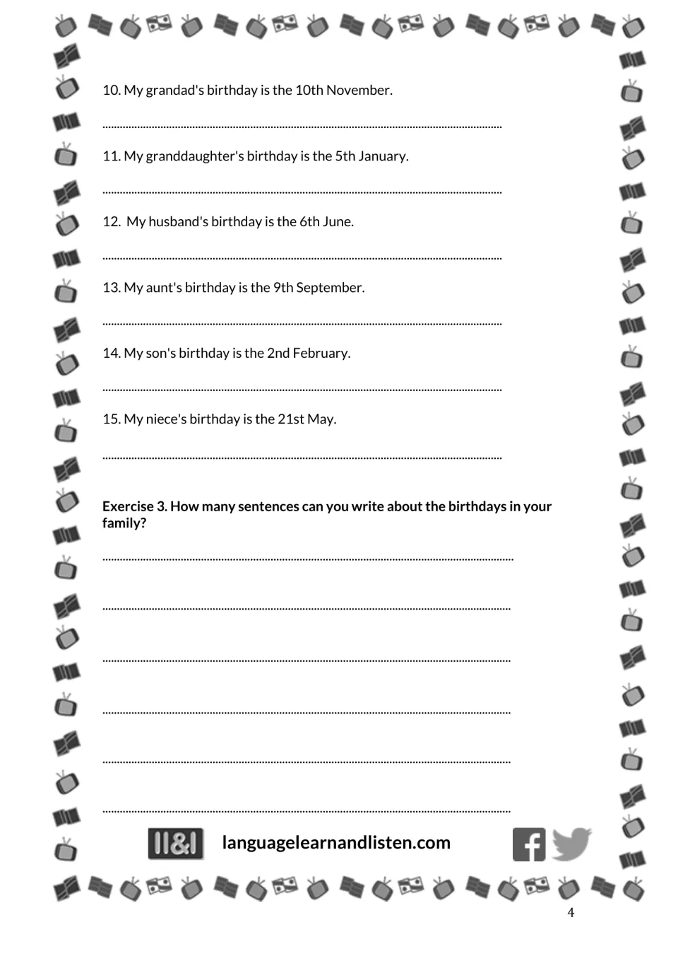 English-to-French birthday translation items 10–15 and Exercise 3, writing sentences about family birthdays.