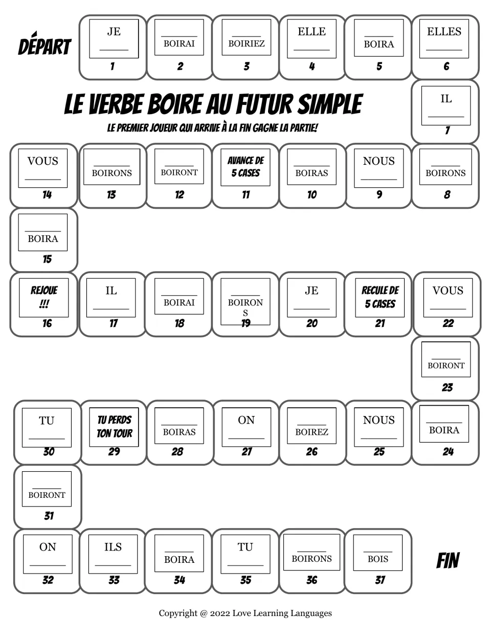 French board game: 37 spaces practicing boire (to drink) in the simple future, including je and boirai.