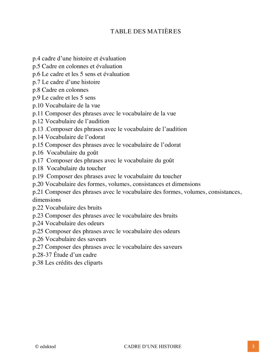 Contents of the French workbook listing setting worksheets, sensory vocabulary, sentence practice, and studies