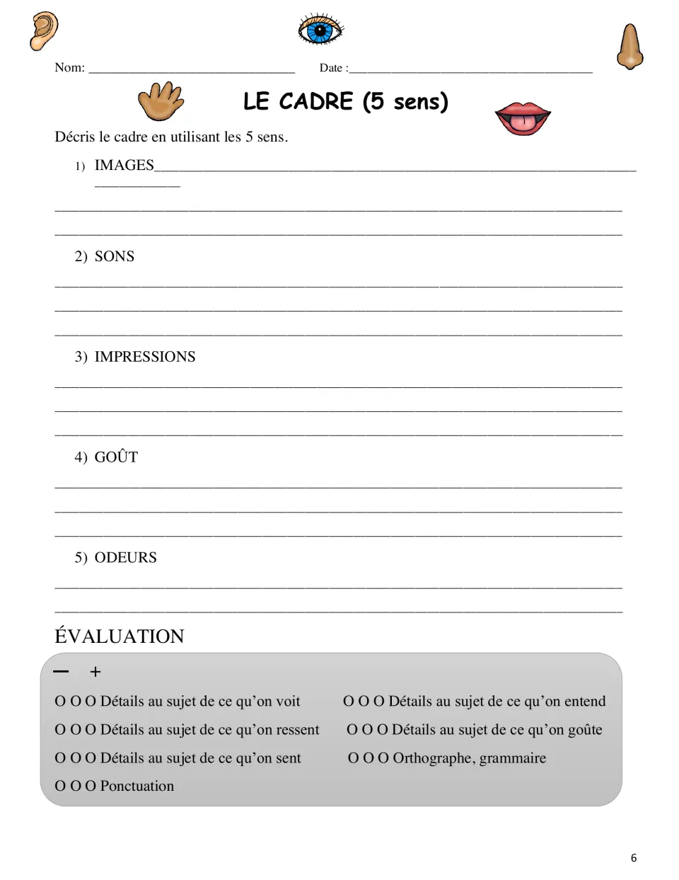 French five-senses setting worksheet prompts sights, sounds, feelings, tastes, and smells, with evaluation