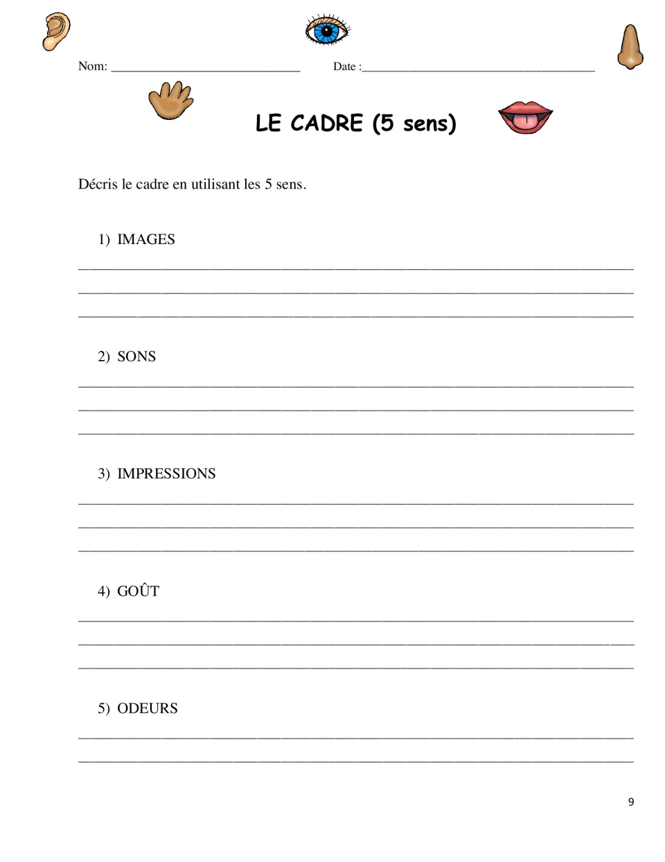 French setting practice uses five senses: images (sights), sons (sounds), impressions, goût (taste), and odeurs