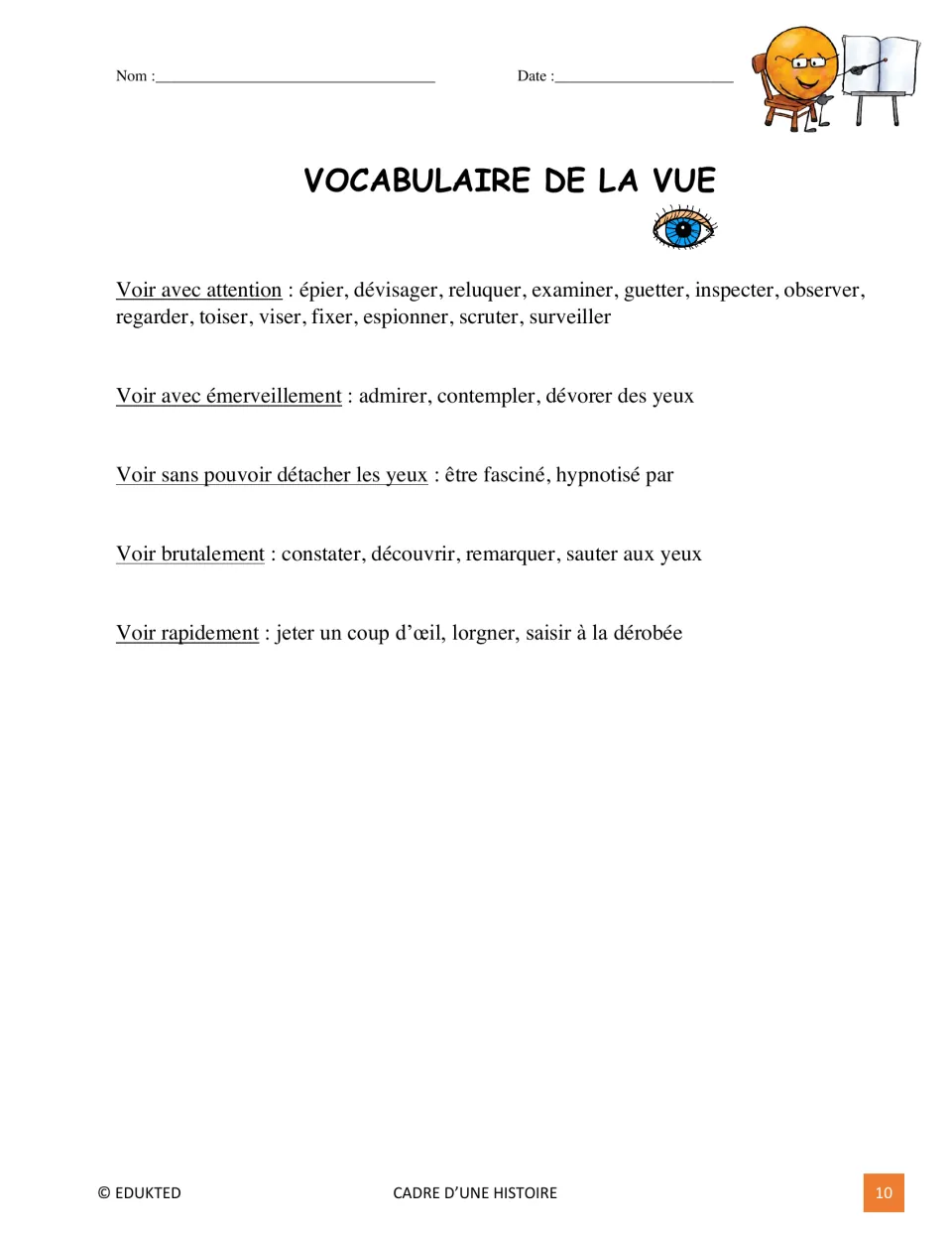 French sight vocabulary groups ways of looking, including observer (observe) and admirer (admire)