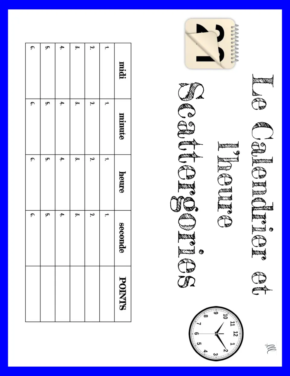 French Scattergories game 1 prompts: midi (noon), minute (minute), heure (hour), and seconde (second).