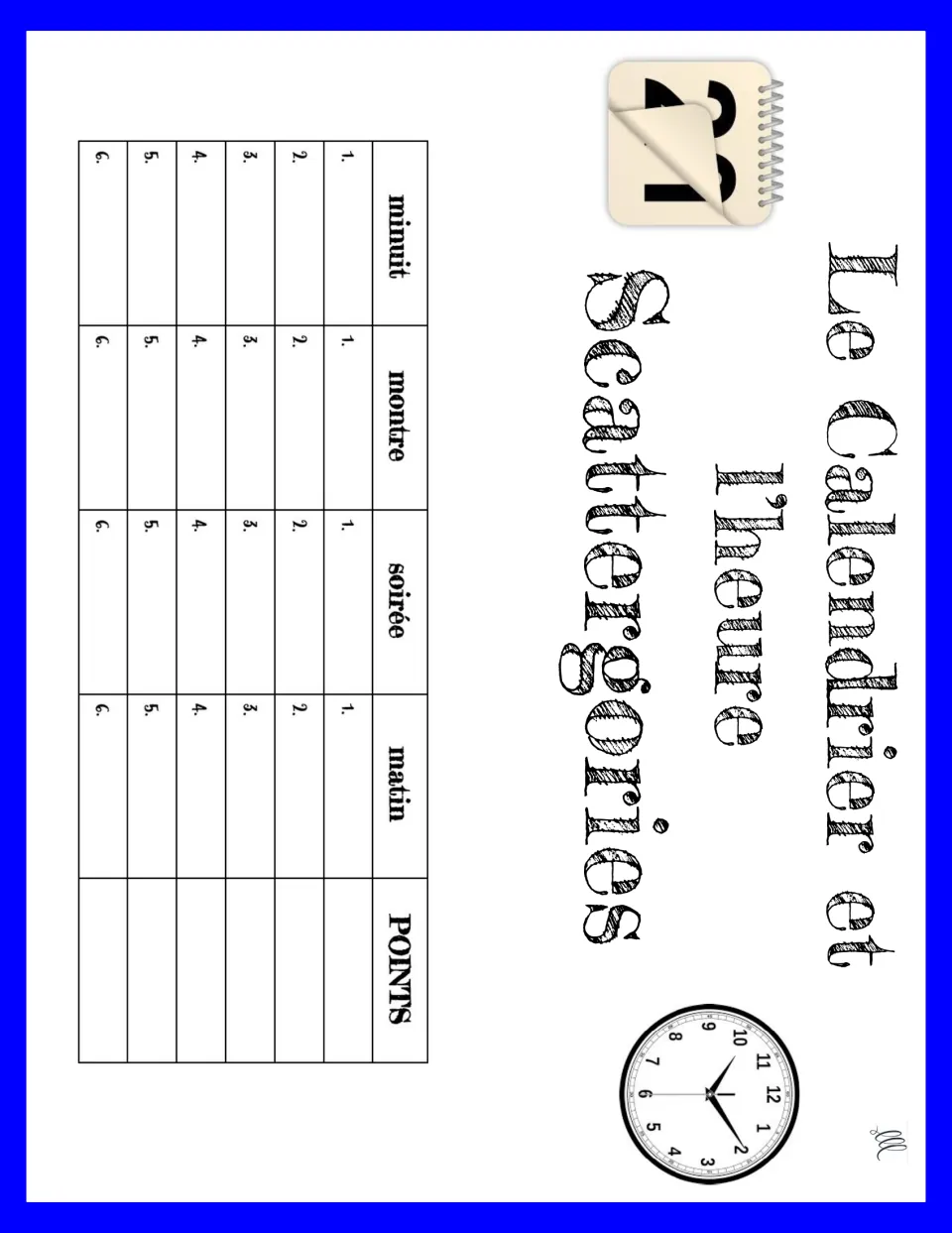 French Scattergories game 2 prompts: minuit (midnight), montre (watch), soirée (evening), and matin (morning).