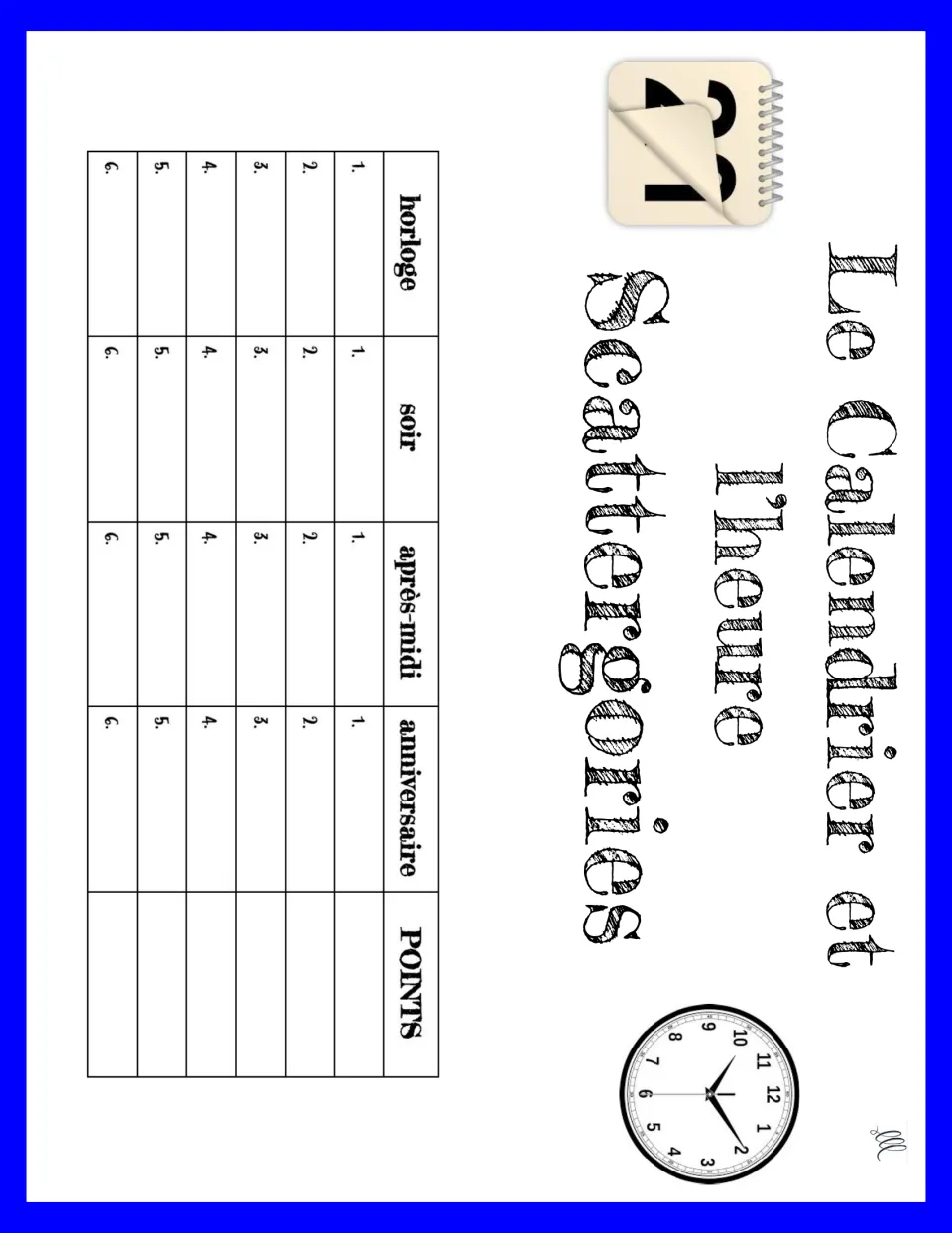French Scattergories game 3: horloge (clock), soir (evening), après-midi (afternoon), anniversaire (birthday).