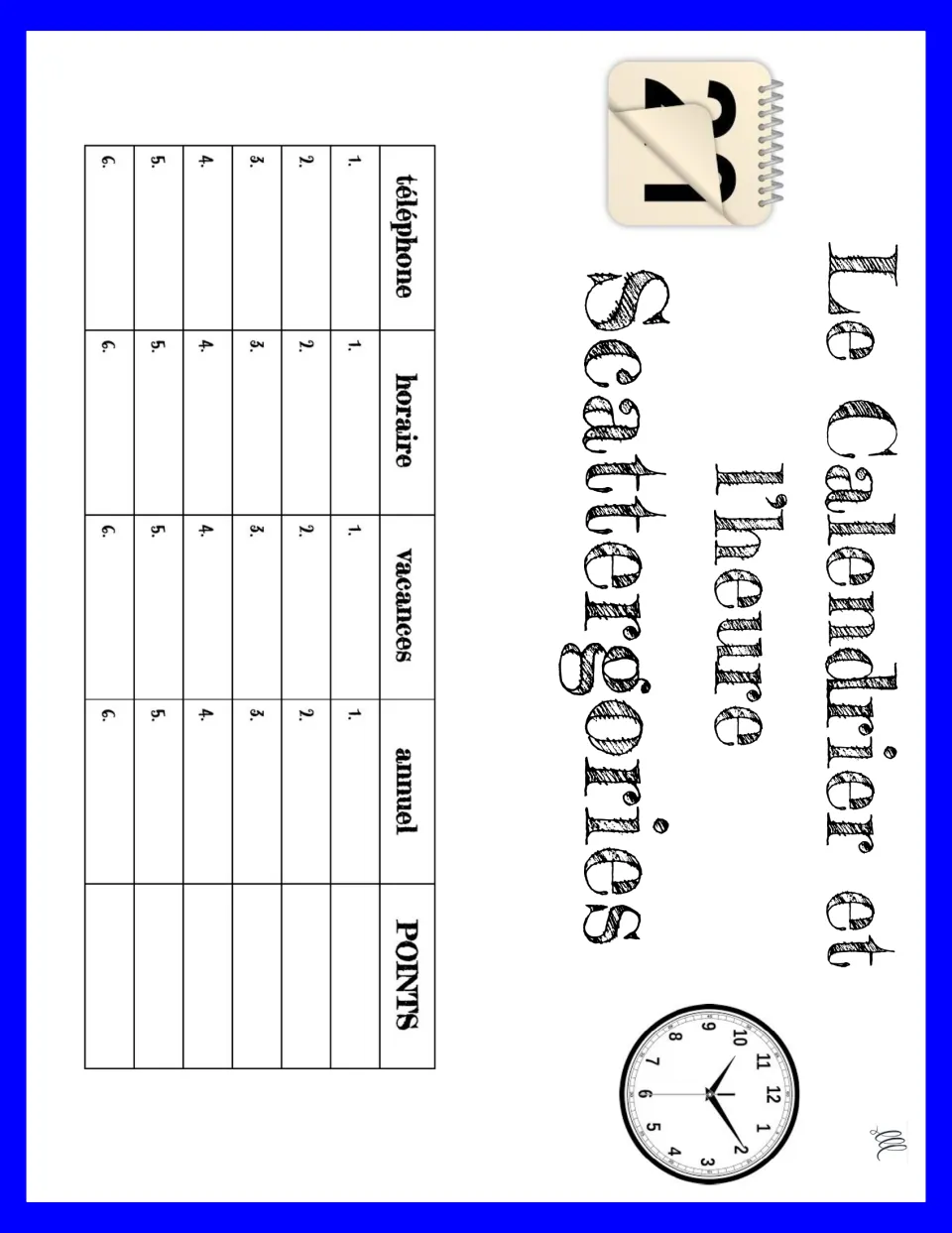 French Scattergories game 5: téléphone (telephone), horaire (schedule), vacances (vacation), annuel (annual).