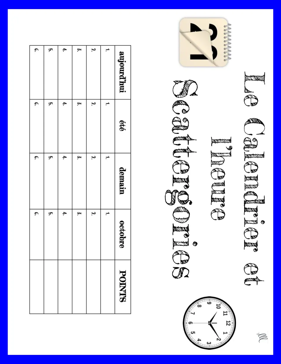 French Scattergories game 6: aujourd’hui (today), été (summer), demain (tomorrow), and octobre (October).