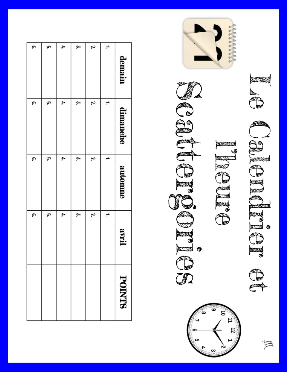 French Scattergories game 7 prompts: demain (tomorrow), dimanche (Sunday), automne (fall), and avril (April).