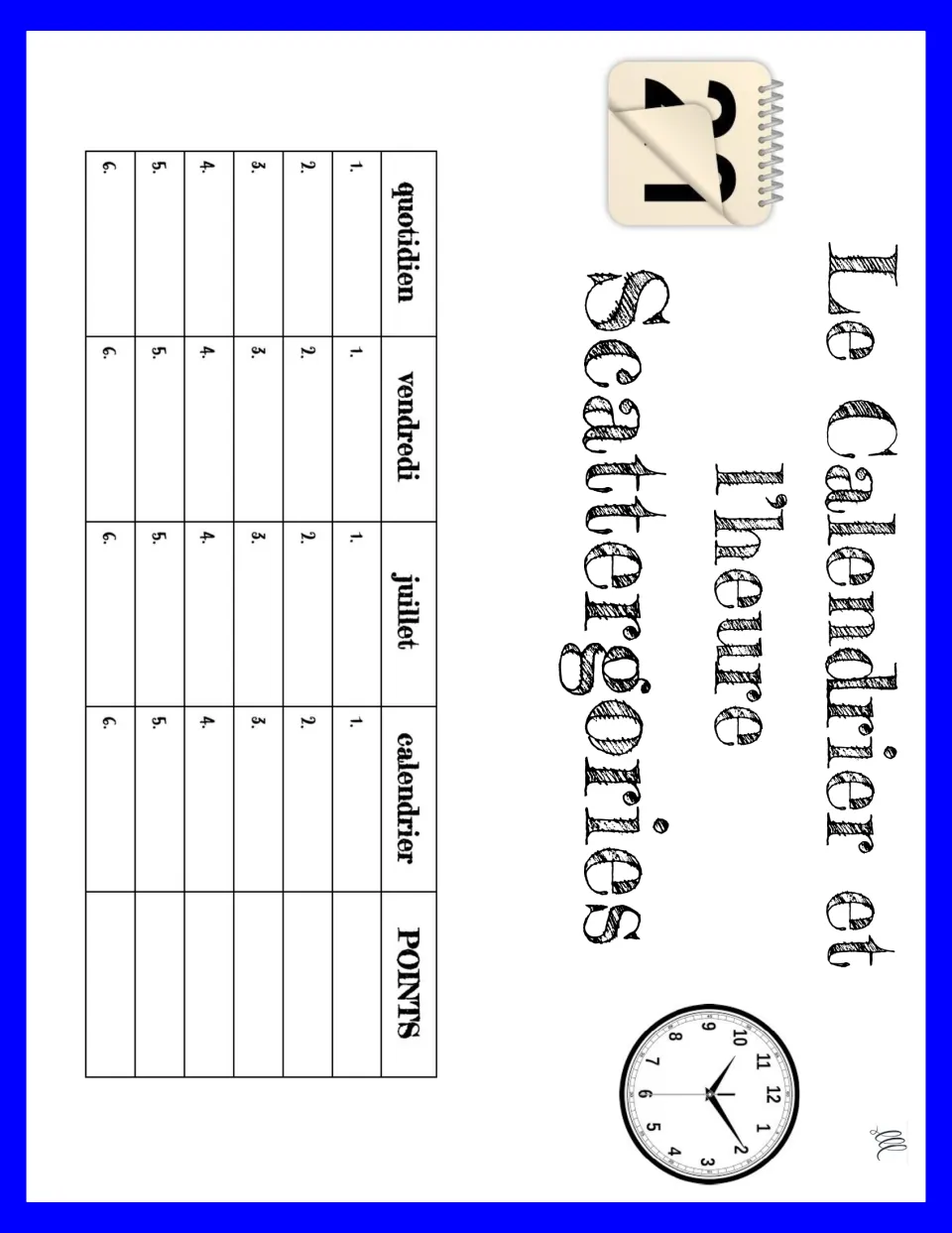 French Scattergories game 8: quotidien (daily), vendredi (Friday), juillet (July), and calendrier (calendar).