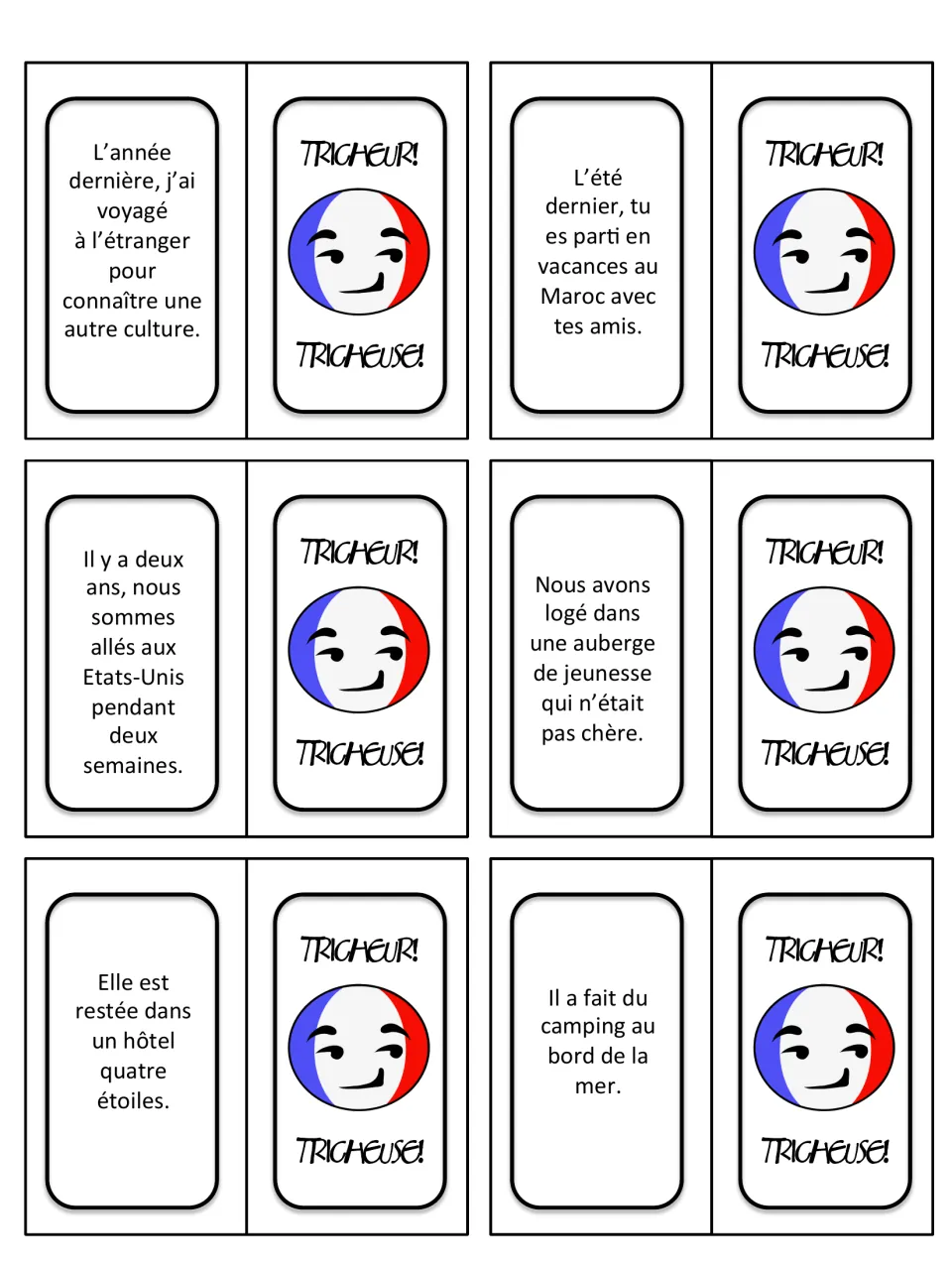 French holiday sentence cards 1–6 cover travel abroad, Morocco, the United States, a hostel, a hotel and camping.