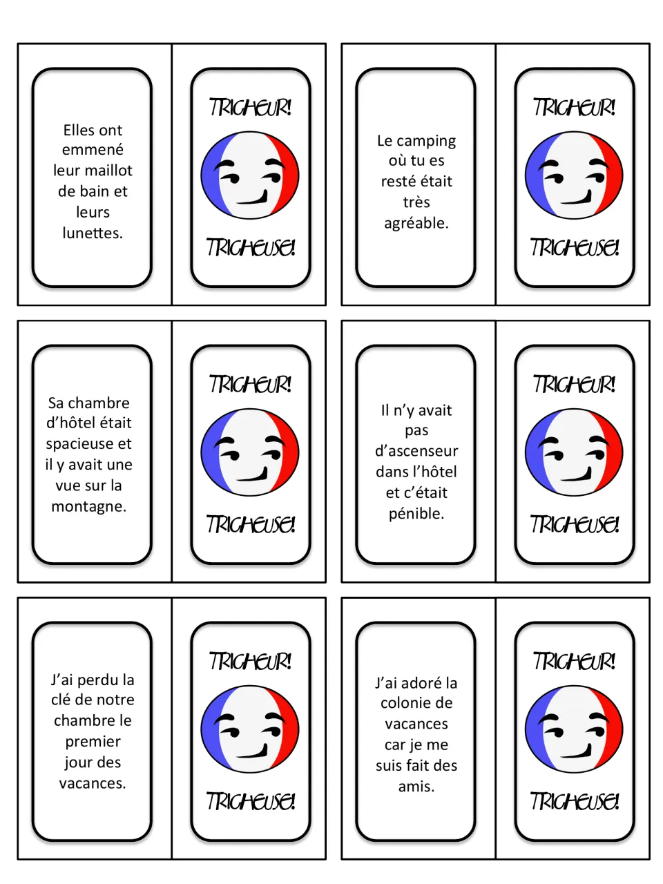 French holiday sentence cards 7–12 cover swimwear, a campsite, a hotel room, an elevator, a lost key and camp.