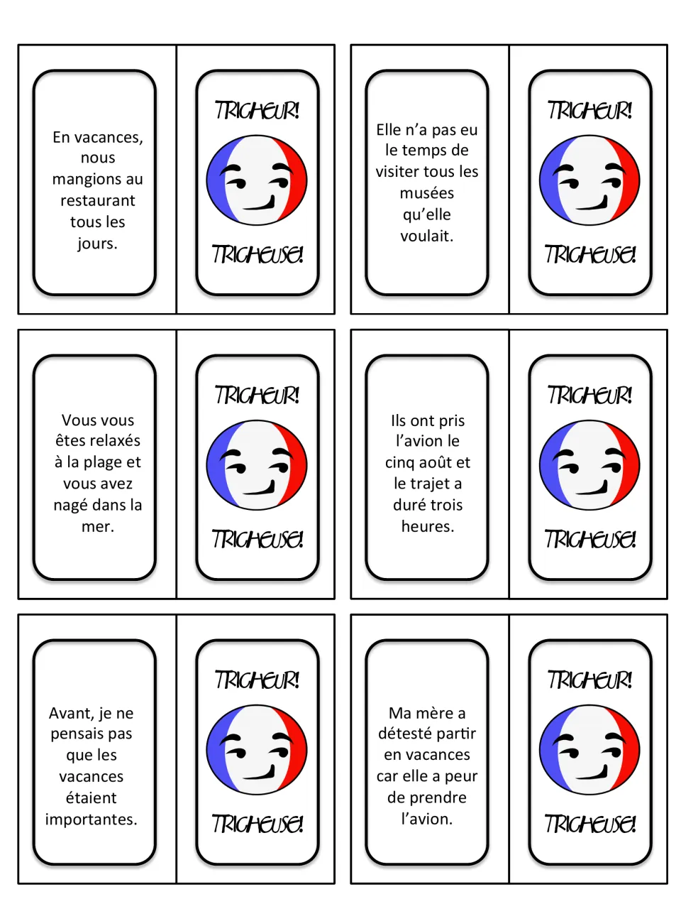 French holiday sentence cards 13–18 cover restaurants, museums, the beach, a flight and opinions about vacations.