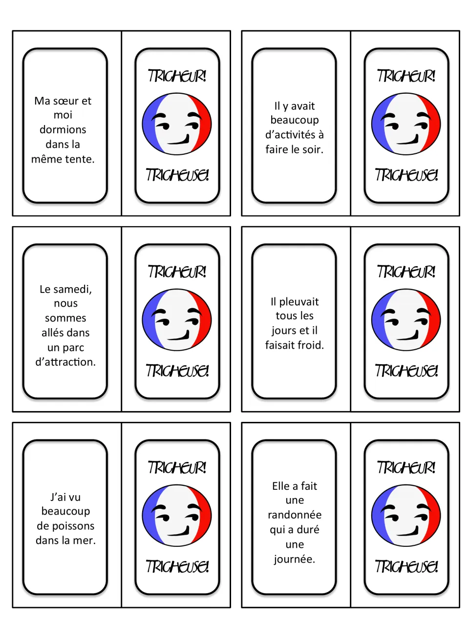 French holiday sentence cards 19–24 cover a shared tent, evening activities, an amusement park, rain, fish and hiking.