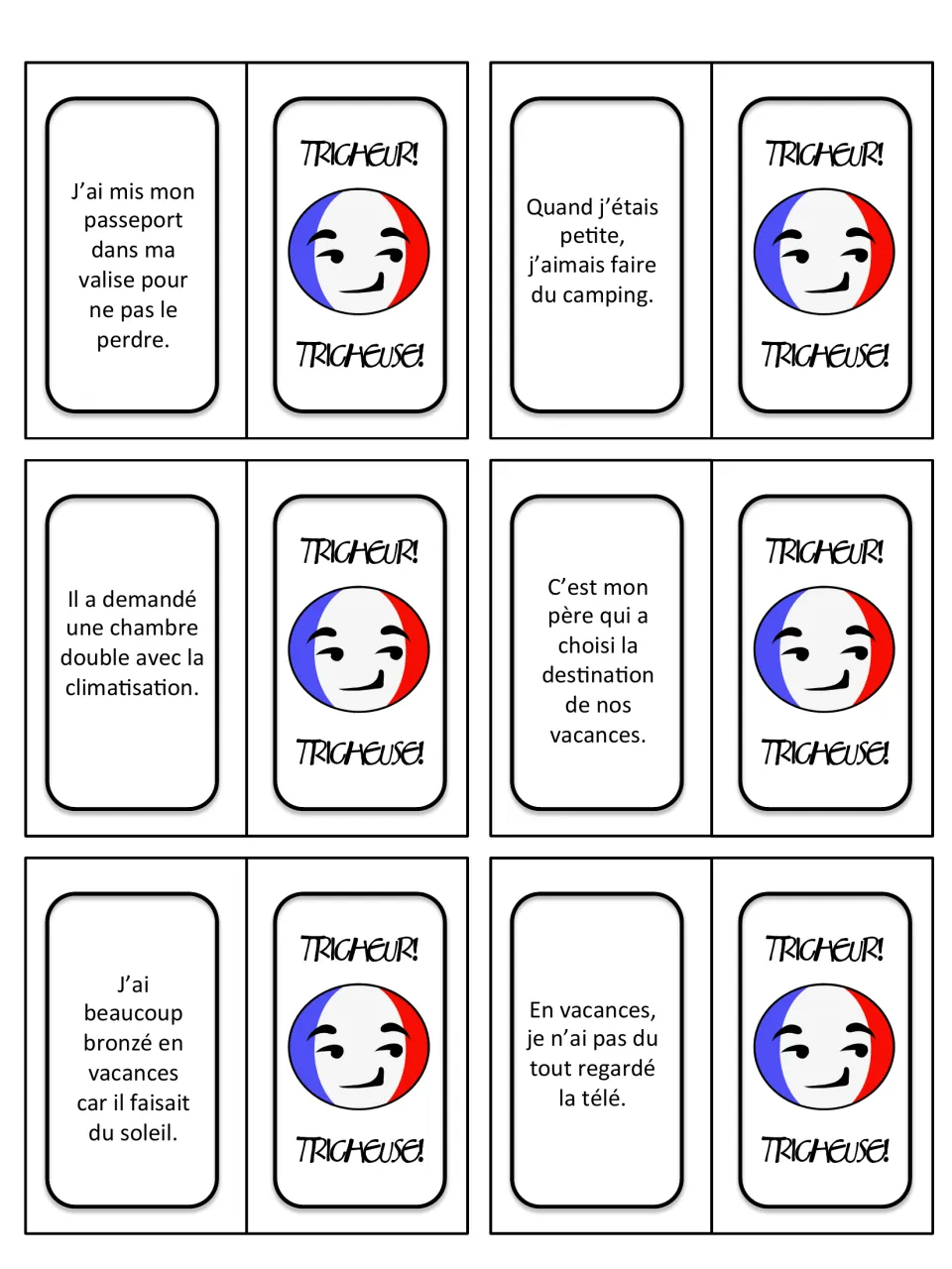 French holiday sentence cards 25–30 cover a passport, childhood camping, a room, destination choice, tanning and TV.