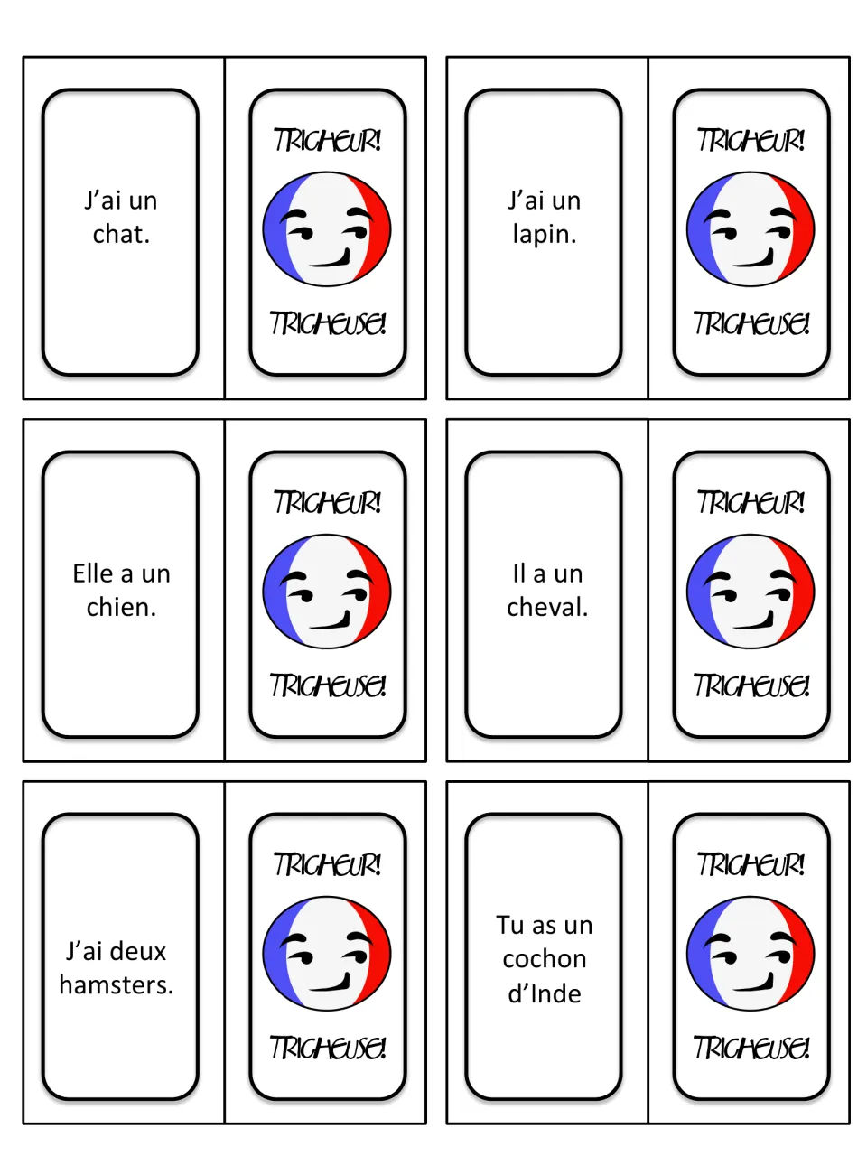 French pets game cards 1–6: “J’ai un chat” (I have a cat), plus rabbit, dog, horse, hamster, and guinea pig.