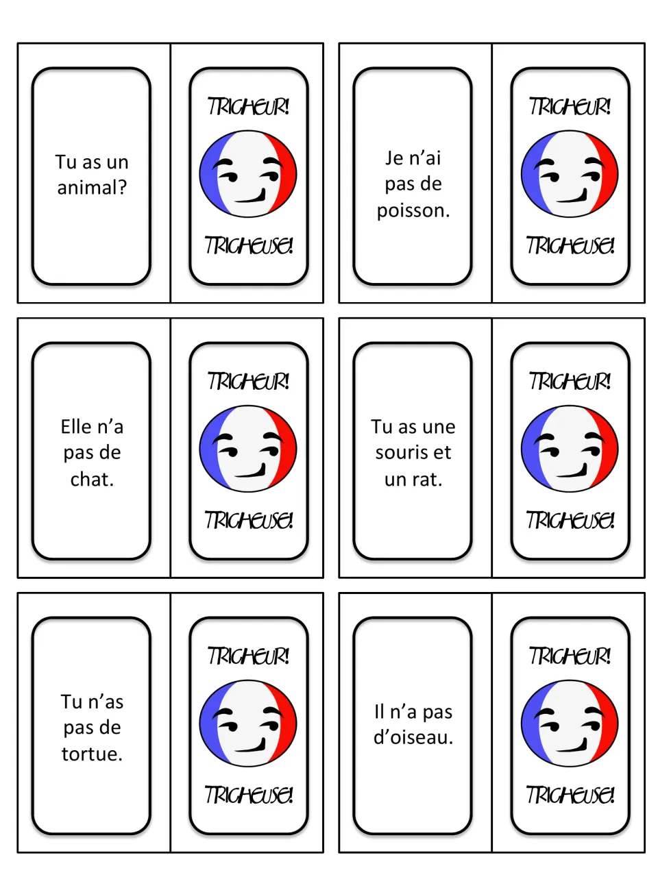 French pets game cards 7–12: “Tu as un animal?” (Do you have a pet?) and statements about having or not having pets.