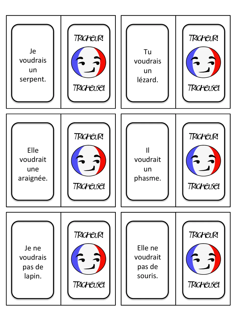 French pets game cards 13–18: “Je voudrais un serpent” (I would like a snake) and five more pet wishes.