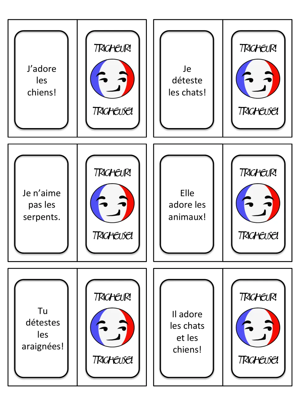 French pets game cards 19–24: “J’adore les chiens!” (I love dogs!) and opinions about cats, snakes, and spiders.