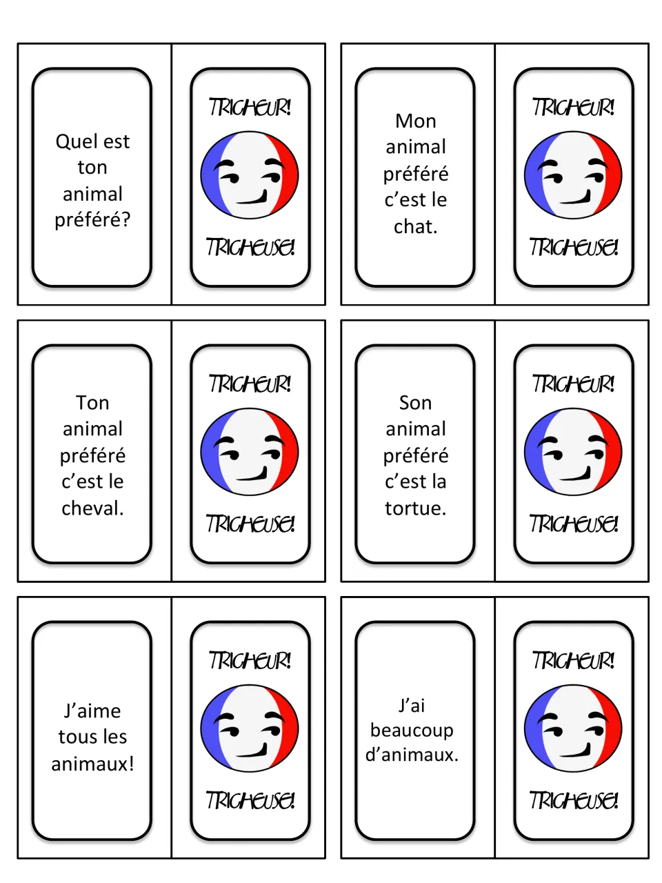 French pets game cards 25–30: “Quel est ton animal préféré?” (What is your favorite animal?) and five statements.