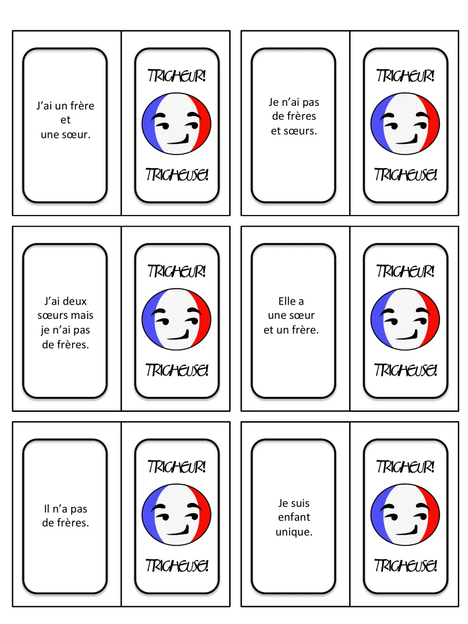 French game cards 1–6: sibling counts and 'Je suis enfant unique' (I am an only child), with printed backs