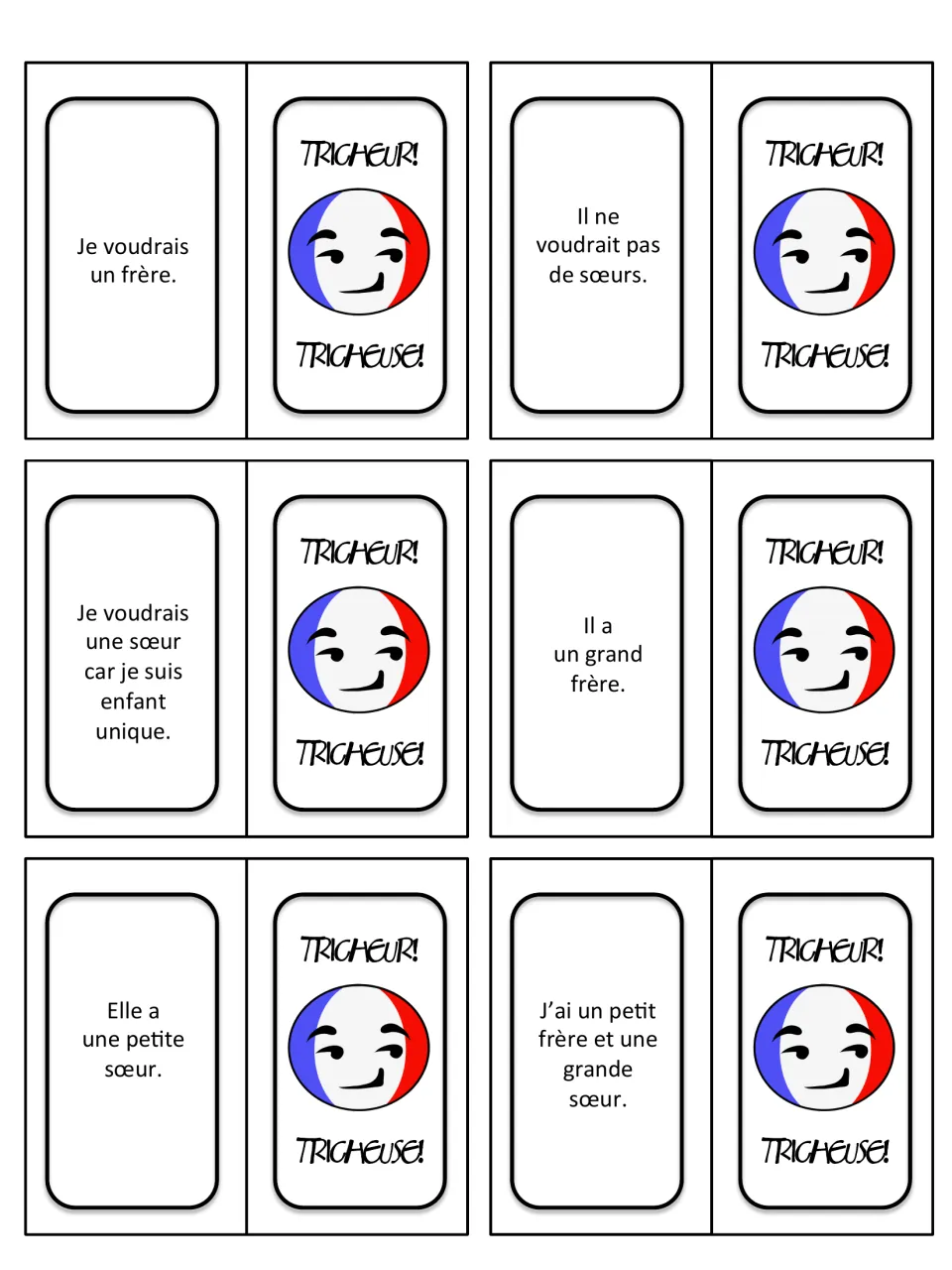 French game cards 7–12: wanting siblings, 'un grand frère' (an older brother), and younger and older sisters
