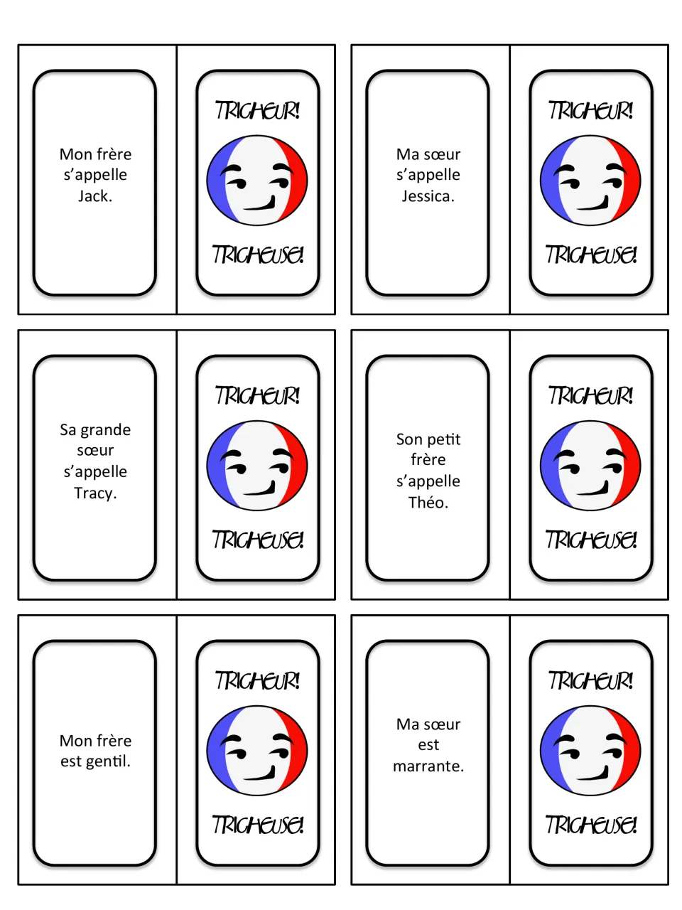 French game cards 13–18: siblings named Jack, Jessica, Tracy, and Théo; gentil (kind) and marrante (funny)