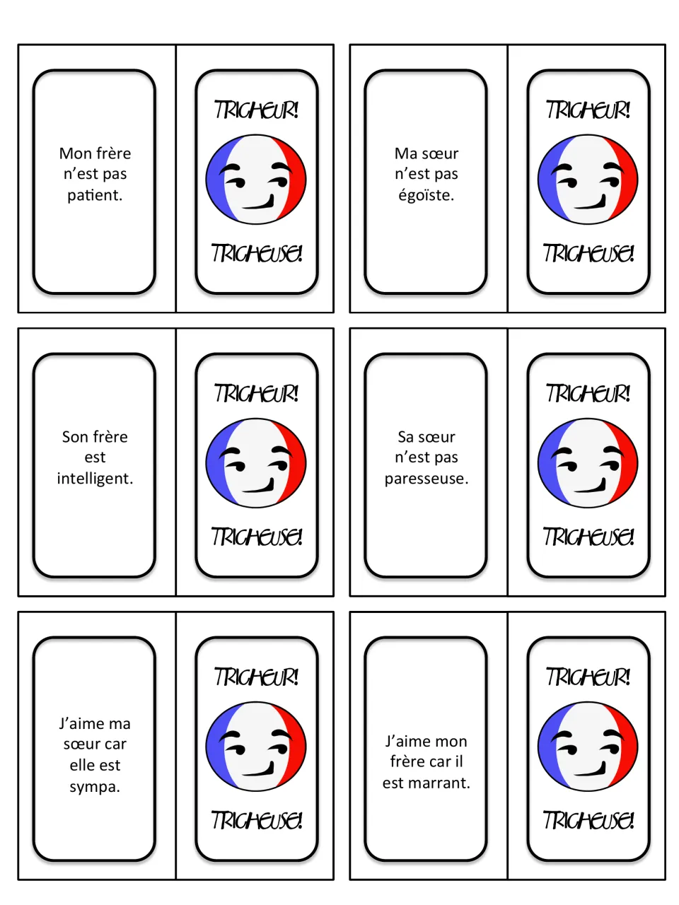 French game cards 19–24: sibling traits and reasons for liking siblings, including sympa (nice) and marrant (funny)