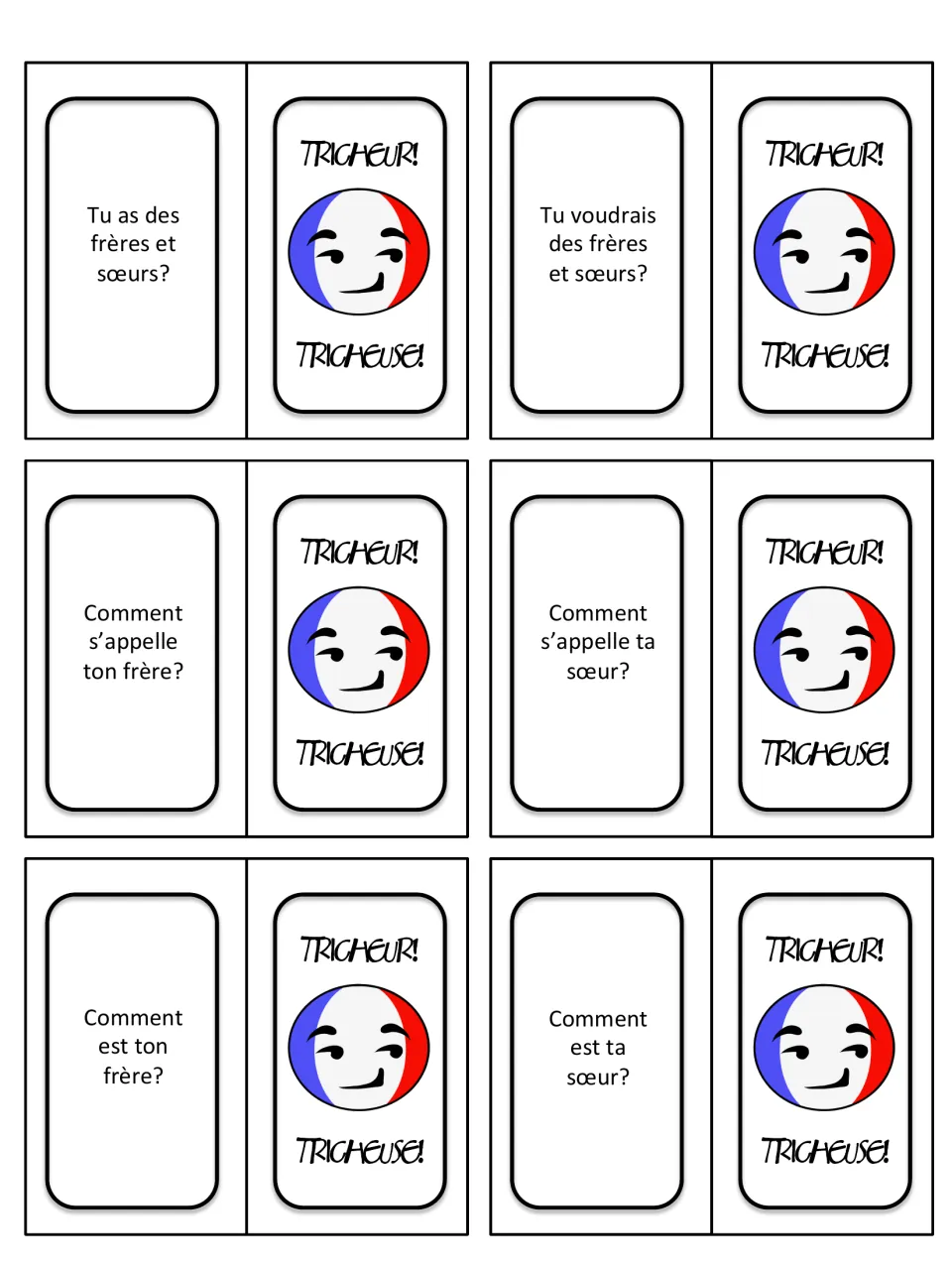 French game cards 25–30: questions about having or wanting siblings, their names, and what they are like