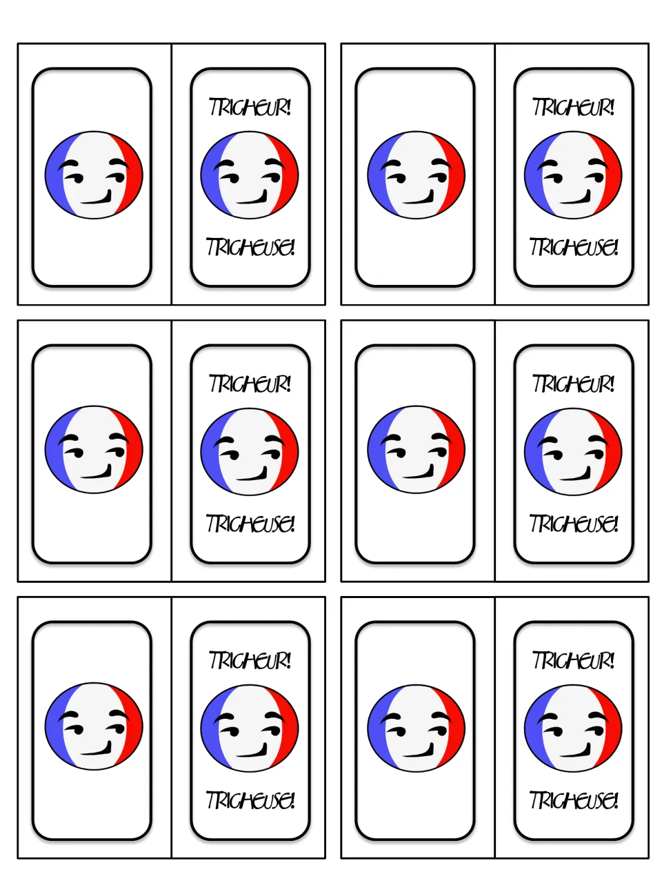 French siblings game cards 31–36: six cheater cards with French flag faces and 'Tricheur! / Tricheuse!' backs