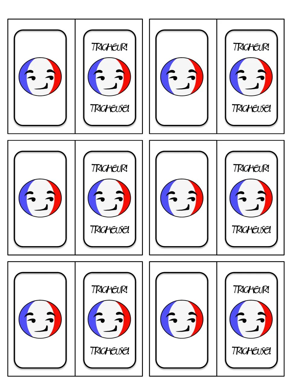 French siblings game cards 37–42: six more cheater cards with flag faces and 'Tricheur! / Tricheuse!' backs