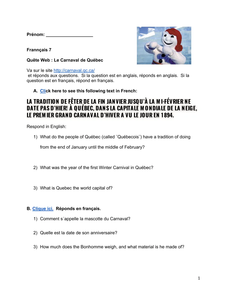 Web quest opening: French passage and questions about Québec's winter carnival history and Bonhomme.