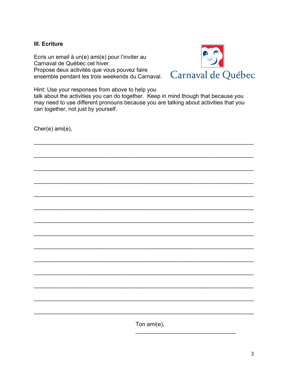 Final writing task: compose a French email inviting a friend to the carnival and proposing two activities.
