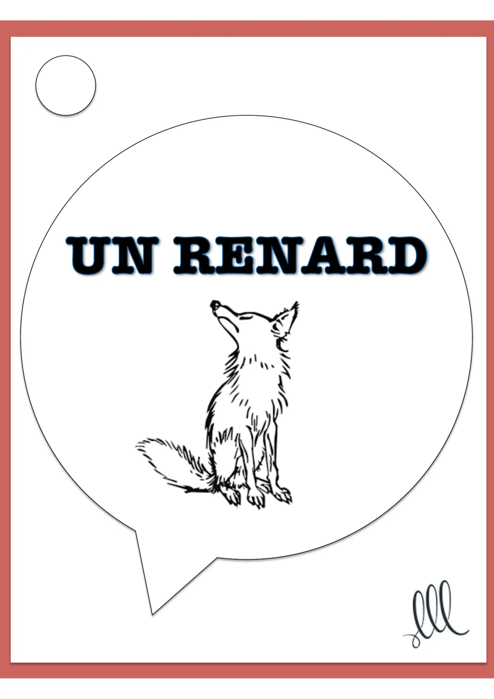 Animal vocabulary card: 'un renard' with a sketch of a sitting fox looking up, a word for students to describe in French