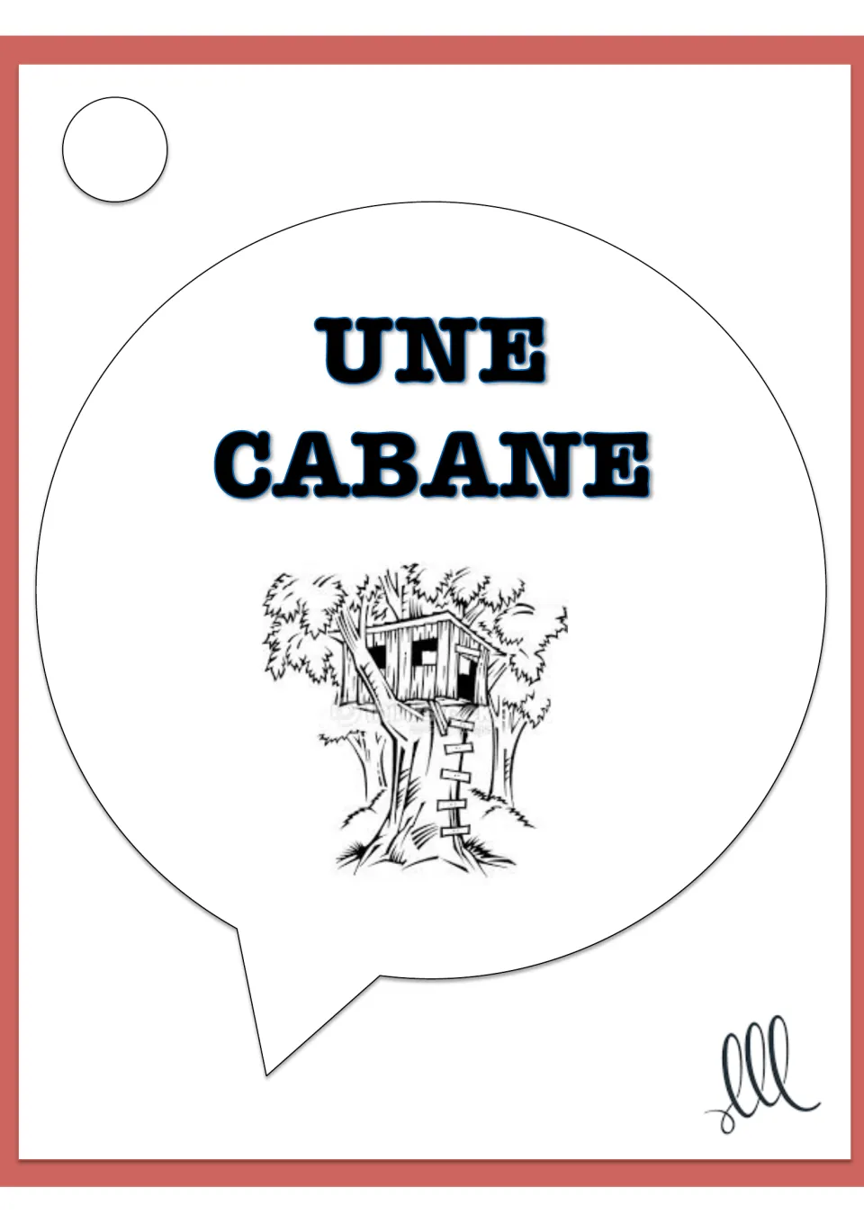 Place vocabulary card: 'une cabane' illustrated with a treehouse and ladder on the trunk, a clue to explain in French