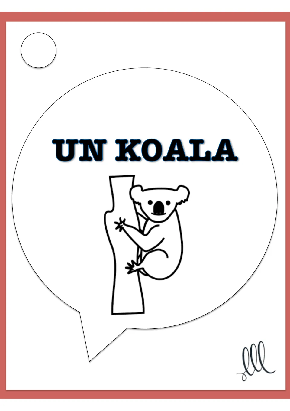 Animal card: 'un koala' with a drawing of a koala climbing a trunk, a French noun for teammates to guess from clues