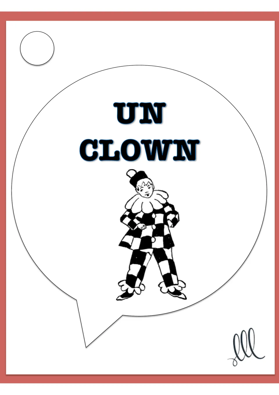 People vocabulary card: 'un clown' with a clown in a checkered suit and ruffled collar, for spoken French clues