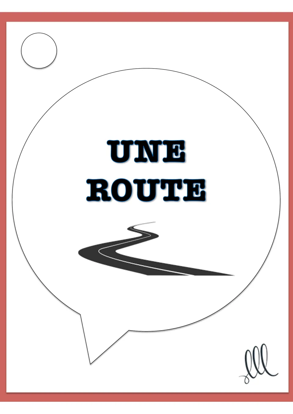 Outdoor vocabulary card: 'une route' with a winding road, a French word for players to describe without saying it