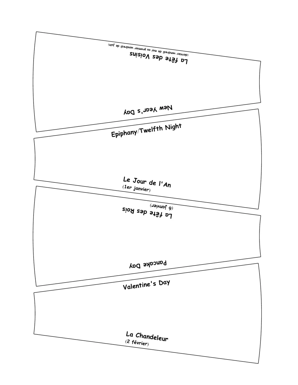 French celebration cards 1–4: Neighbors' Day, New Year's Day, Epiphany and Candlemas, with dates.