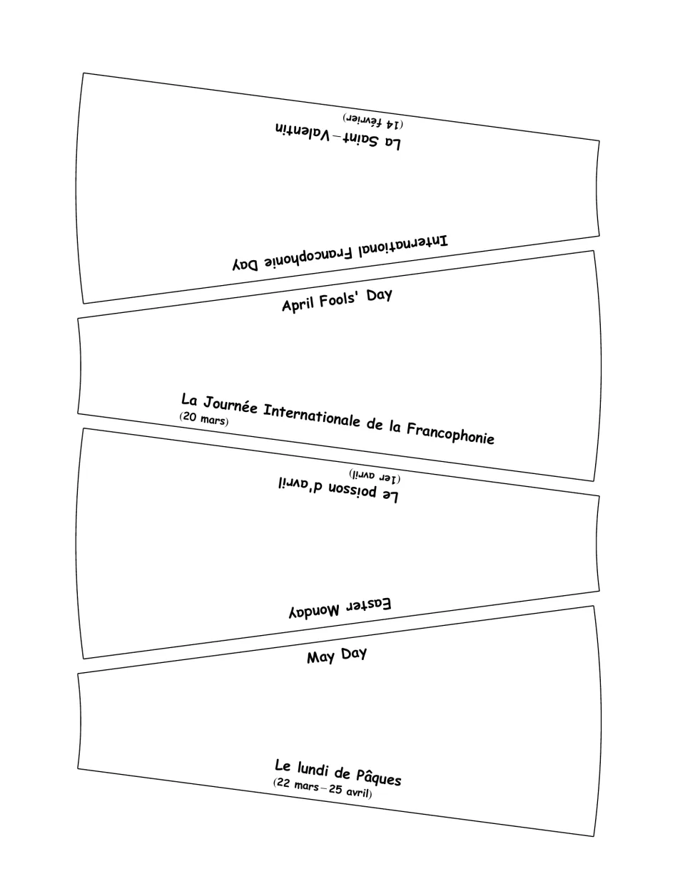 French celebration cards 5–8: Valentine's Day, International Francophonie Day, April Fools' Day and Easter Monday.