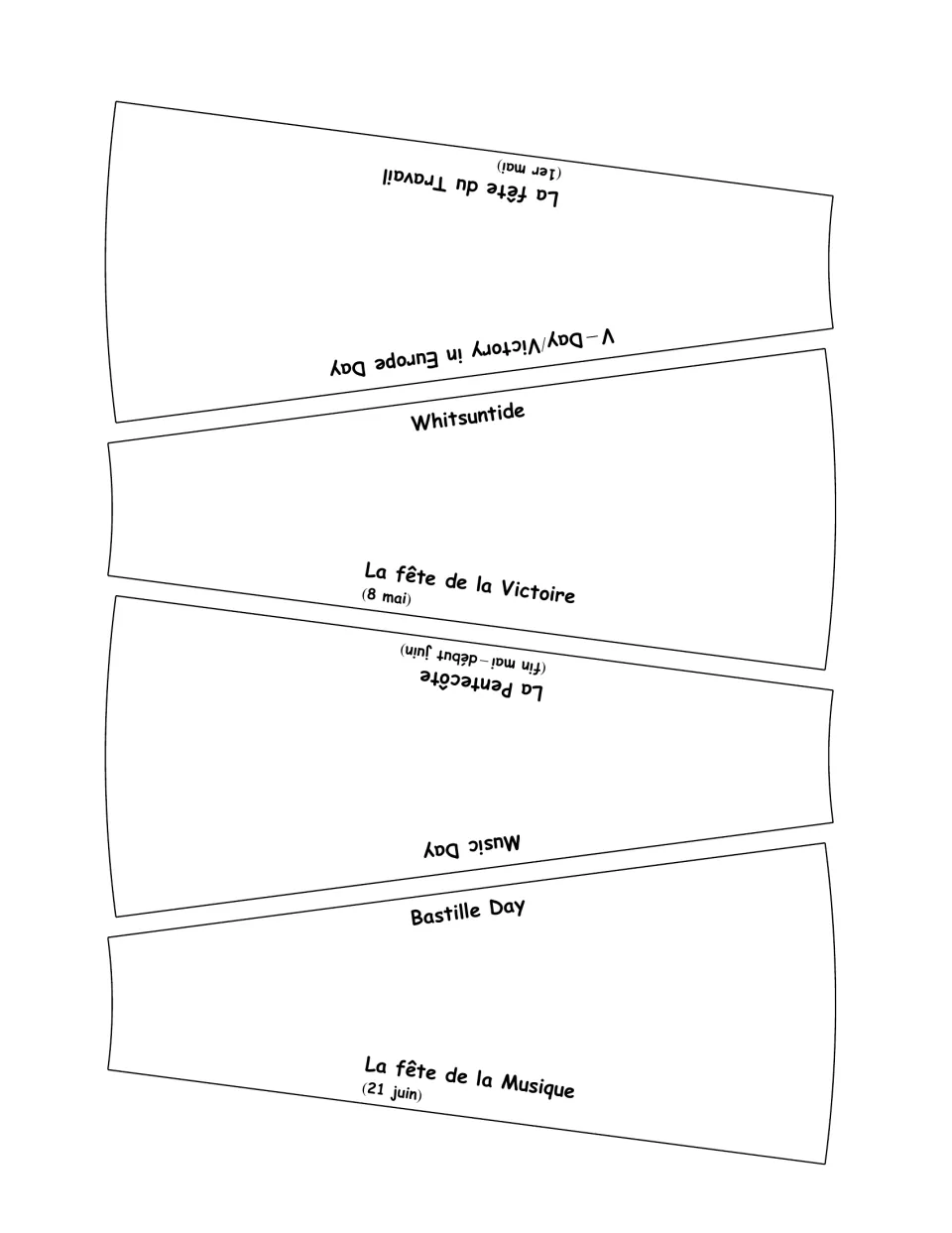 French celebration cards 9–12: May Day, Victory in Europe Day, Whitsuntide and Music Day, with dates.